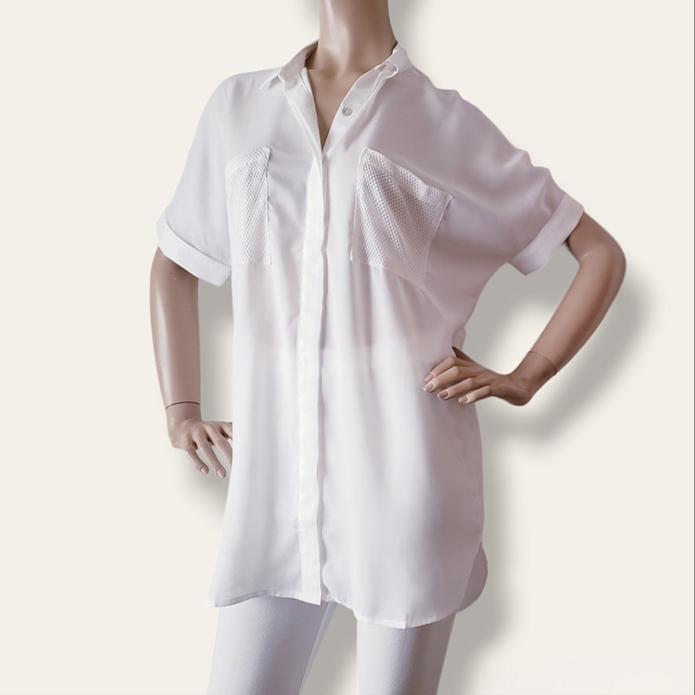 Uniq White Oversized Mesh Paneled Blouse